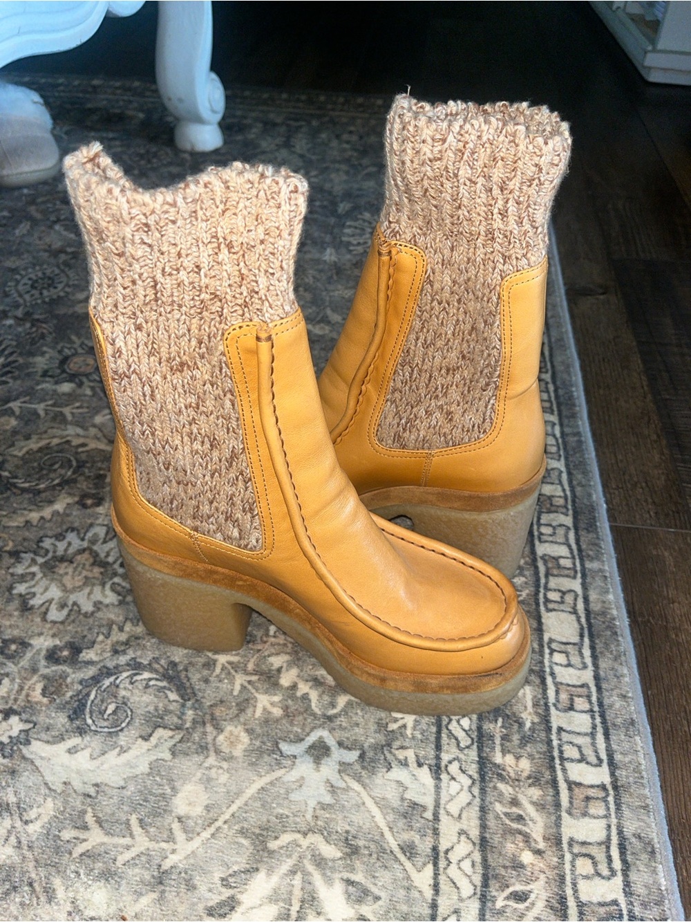 Chloé Jamie Ribbed-Knit Leather Platform Ankle Boots Tan S 8.5